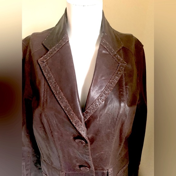Derimod Brownish Burgundy Shiny Lamb Leather Blazer jacket metal Spikes US M - Picture 5 of 16